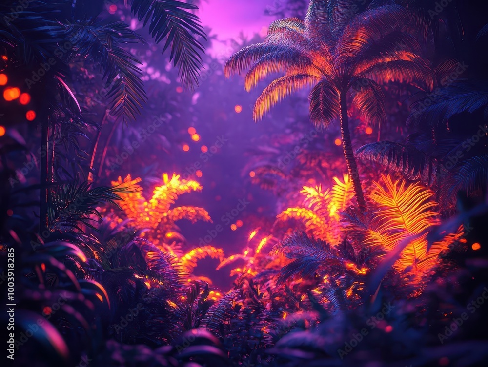 Jungle wildlife glowing with neon bioluminescence in a futuristic tropical forest Futuristic Neon Eco-Friendly Jungle wildlife glowing with neon bioluminescence in a futuristic tropical forest Futuristic Neon Eco-Friendly