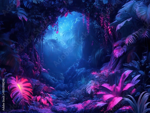 Fototapeta Naklejka Na Ścianę i Meble -  Jungle wildlife glowing with neon bioluminescence in a futuristic tropical forest  Futuristic  Neon  Eco-Friendly