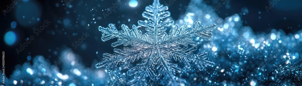 Close-up of a delicate snowflake on shimmering blue background, capturing the essence of winter and holiday magic. Close-up of a delicate snowflake on shimmering blue background, capturing the essence of winter and holiday magic.