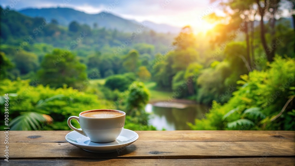 Long shot of coffee cup on table in natural background