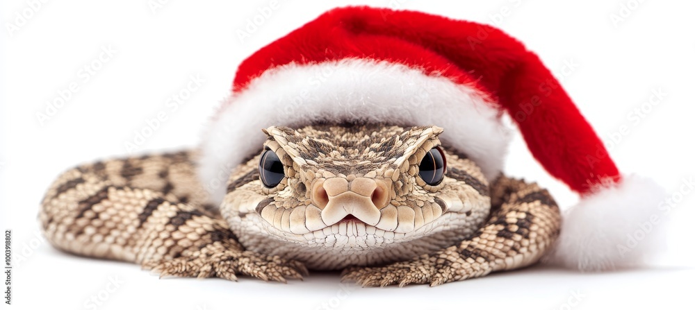 Adorable Lizard Wearing a Santa Hat for a Festive, Happy New Year Greeting on White Background Adorable Lizard Wearing a Santa Hat for a Festive, Happy New Year Greeting on White Background