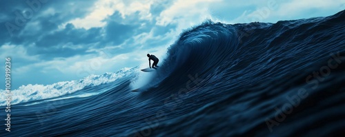 A lone surfer riding a massive wave under a dramatic sky, capturing the thrill and beauty of ocean adventures. photo