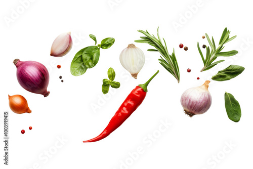 Fototapeta Naklejka Na Ścianę i Meble -  Various arrangement of spices and herbs with chili, garlic, onion and other isolated on background, rich flavors and aromatic for cooking.