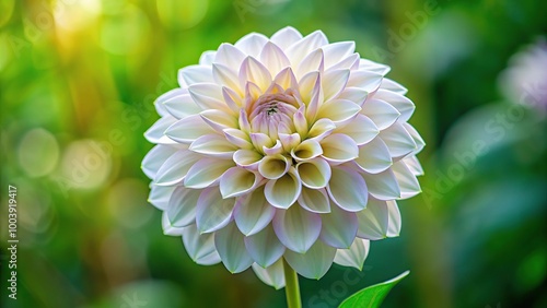 Long shot white dahlia with striped leaves on green background