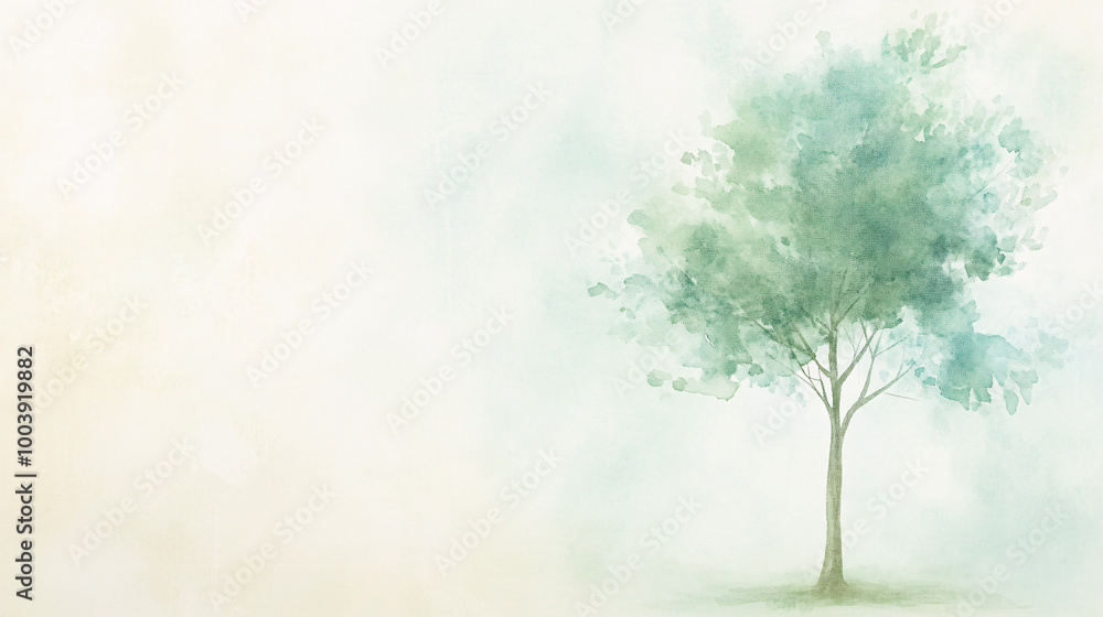 A delicate watercolor painting of a lush green tree with soft pastel colors. The tree is rendered with gentle, flowing brushstrokes, giving it a serene and peaceful appearance. The branches extend A delicate watercolor painting of a lush green tree with soft pastel colors. The tree is rendered with gentle, flowing brushstrokes, giving it a serene and peaceful appearance. The branches extend