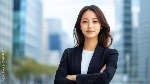 Free Download confident businesswoman stands with arms crossed in urban setting, exuding professionalism and determination. - GFXLoad