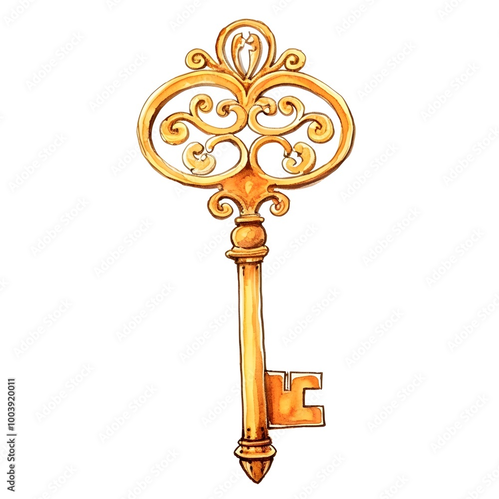 Ornate Golden Decorative Key with Intricate Baroque Design on White Background Ornate Golden Decorative Key with Intricate Baroque Design on White Background