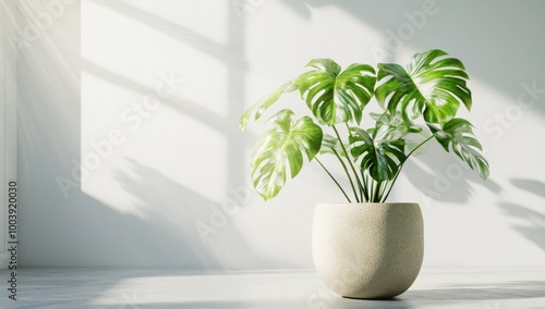 A potted monstera deliciosa plant sits in front of a window with sunlight streaming through.