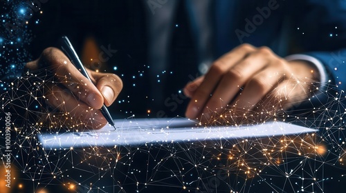 A close-up of a businessman writing on paper, symbolizing creativity and communication in a digital world