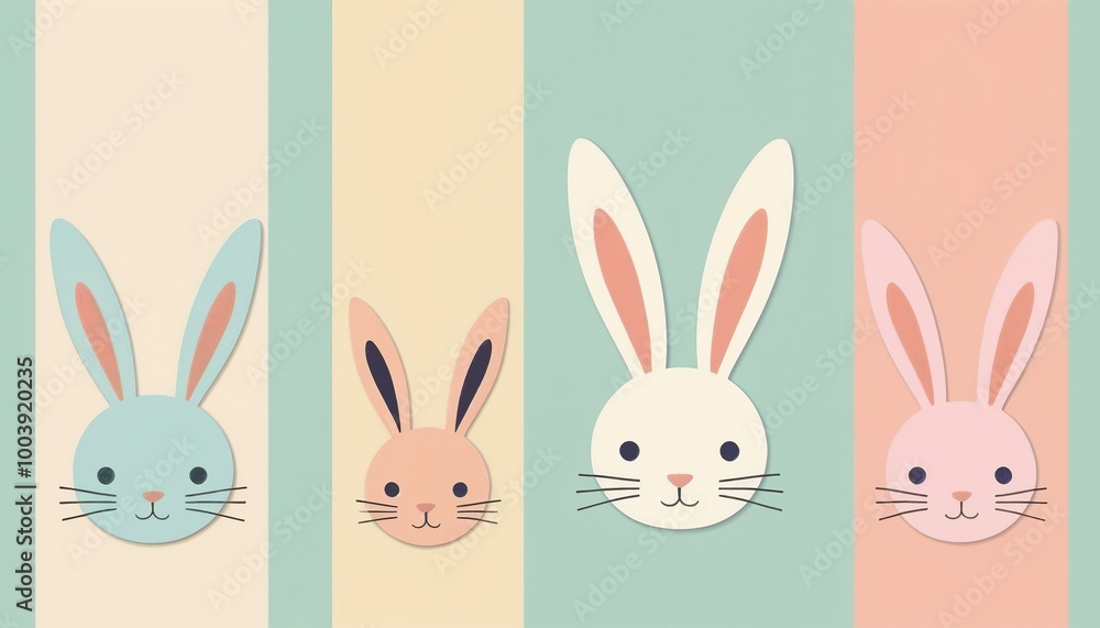 Fototapeta premium Colorful playful bunny faces, cheerful and whimsical, arranged on pastel striped background, illustration for easter holiday, copy space
