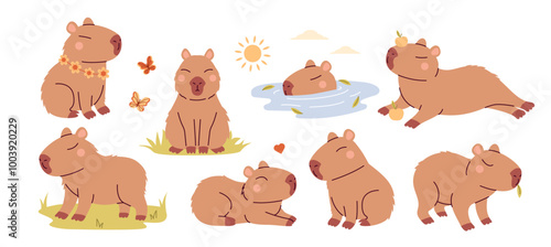 Capybaras characters set. Cute animals collection. 