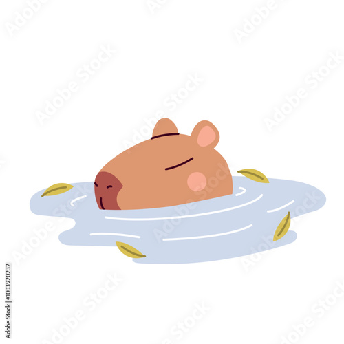 Capybara in water  isolated on white background. Cute animal. Funny animal character.