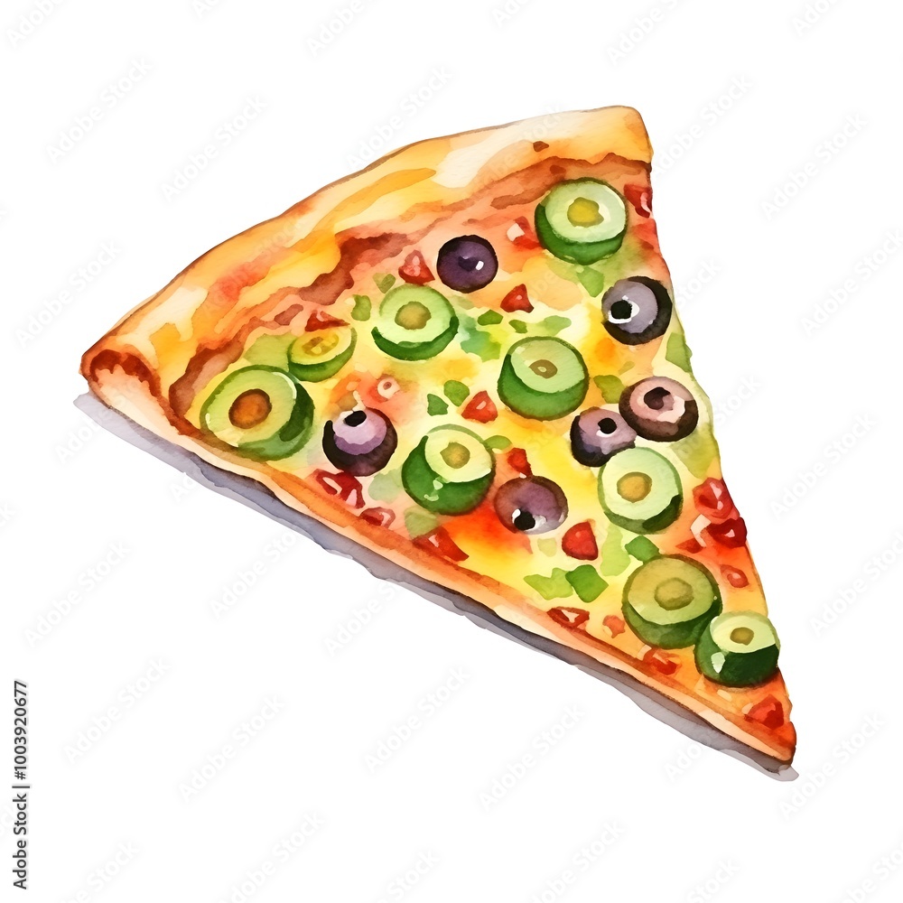 Vibrant Veggie Slice: A Watercolor of Appetizing Pizza with Fresh Greens and Olives Vibrant Veggie Slice: A Watercolor of Appetizing Pizza with Fresh Greens and Olives