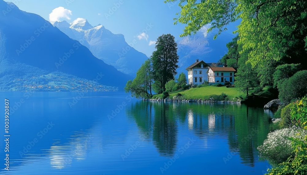 Fototapeta premium Serene Lakeside Retreat Picturesque Swiss House With Majestic Mountain, Lake, and Garden Views