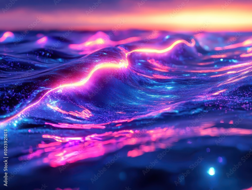 Obraz premium Ocean waves glowing with neon reflections in a futuristic landscape Futuristic Neon High Detail