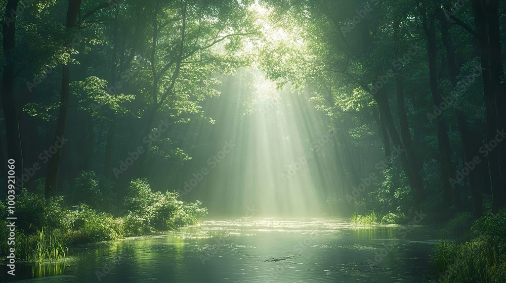 Sunbeams Through the Forest: A Tranquil River Scene Sunbeams Through the Forest: A Tranquil River Scene