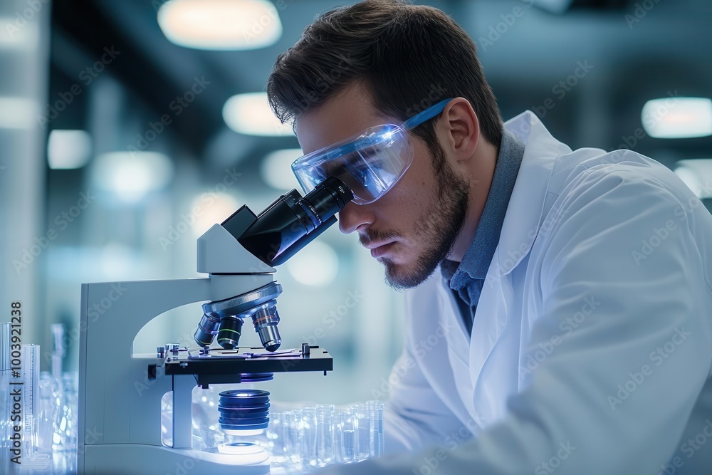 A scientist in a modern lab wearing a white coat and safety goggles A scientist in a modern lab wearing a white coat and safety goggles