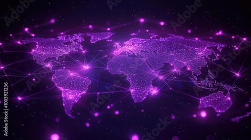 Fototapeta Naklejka Na Ścianę i Meble -  A glowing purple world map connected by digital networks, symbolizing global communication and technology advancement