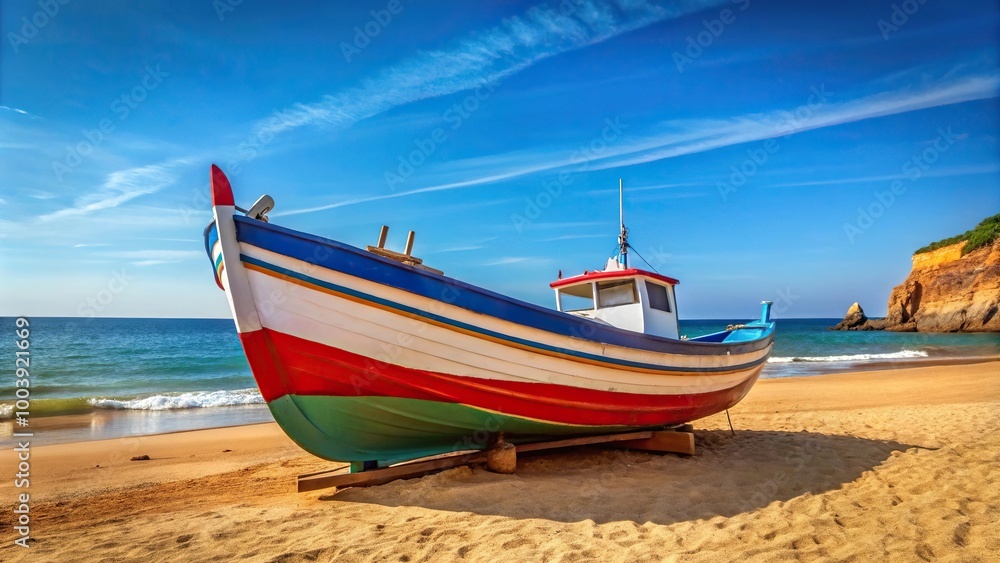 Low angle view of a colorful Algarvian fishing boat Low angle view of a colorful Algarvian fishing boat