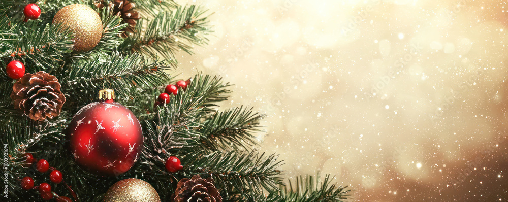 Christmas background with red and golden ornaments, pinecones, berries, and fir branches, set against a golden bokeh background with copy space. Christmas background with red and golden ornaments, pinecones, berries, and fir branches, set against a golden bokeh background with copy space.