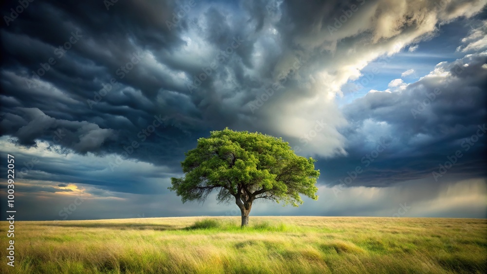 Fototapeta premium Low angle view of a lone tree standing tall against stormy sky
