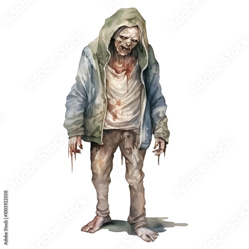 Watercolor of a Wounded Zombie with Torn Clothing Isolated on White Background photo