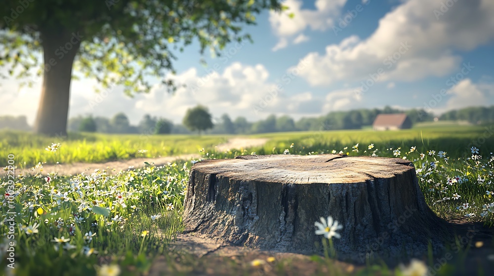 Empty podium against a green farm background for product presentation. Mockup platform with a village house and a road, Empty podium against a green farm background for product presentation. Mockup platform with a village house and a road,