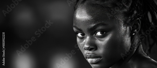 Close up portrait of a young woman with intense eyes, looking directly at the camera.