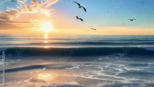 Beautiful sunset over the ocean with seagulls flying overhead, a foamy wave crashes on the beach.