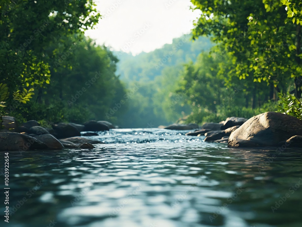 Fototapeta premium A tranquil river flows through a lush, green forest, reflecting the beauty of nature in peaceful serenity.