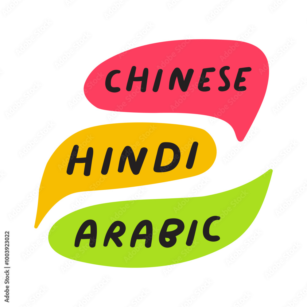 Most difficult to learn languages. Chinese, Hindi, Arabic. Multicolored speech bubbles. illustration Most difficult to learn languages. Chinese, Hindi, Arabic. Multicolored speech bubbles. illustration
