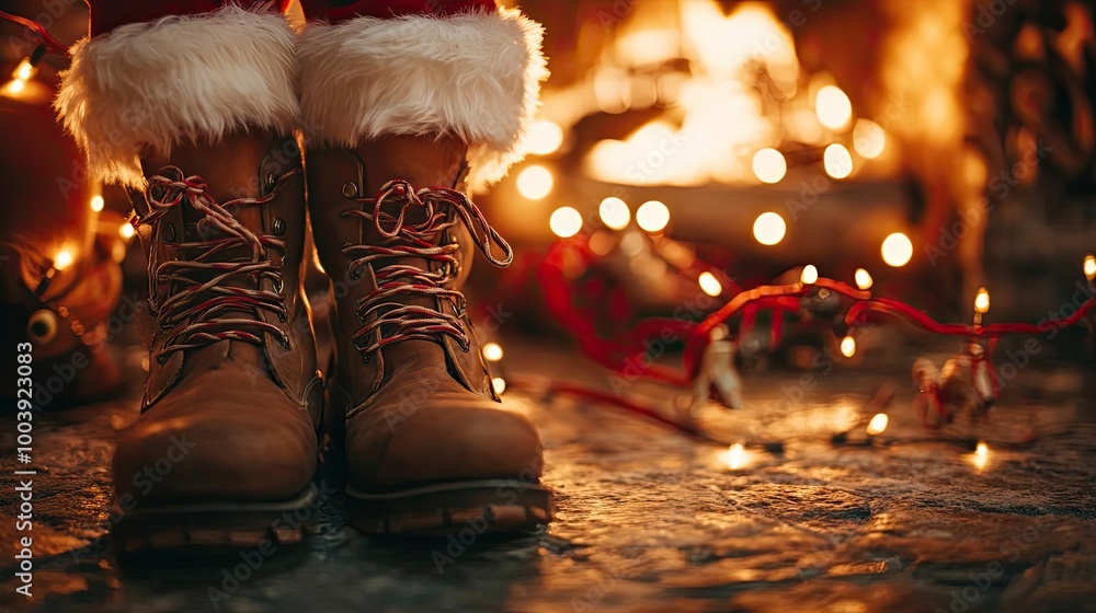 Cozy winter boots by a glowing fireplace with festive lights, creating a warm holiday atmosphere. Cozy winter boots by a glowing fireplace with festive lights, creating a warm holiday atmosphere.
