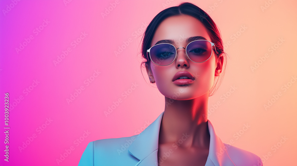 stylish woman wearing sunglasses poses confidently against vibrant, colorful gradient background. stylish woman wearing sunglasses poses confidently against vibrant, colorful gradient background.