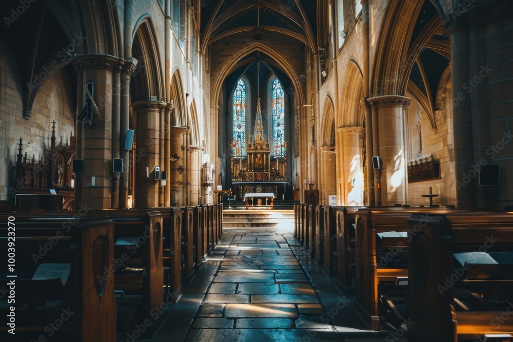 Sunlit Church Interior with Vaulted Ceiling, Gothic Architecture, and Peaceful Worshipful Atmosphere
Sunlit Church Interior with Vaulted Ceiling, Gothic Architecture, and Peaceful Worshipful Atmosphere