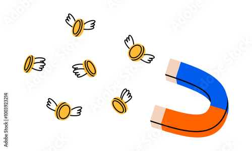 Hand drawn cute cartoon illustration of magnet attracts coin with outline wings. Flat vector catch flying money sticker doodle. Spend money, financial crisis icon. Income, success or wealth. Isolated.