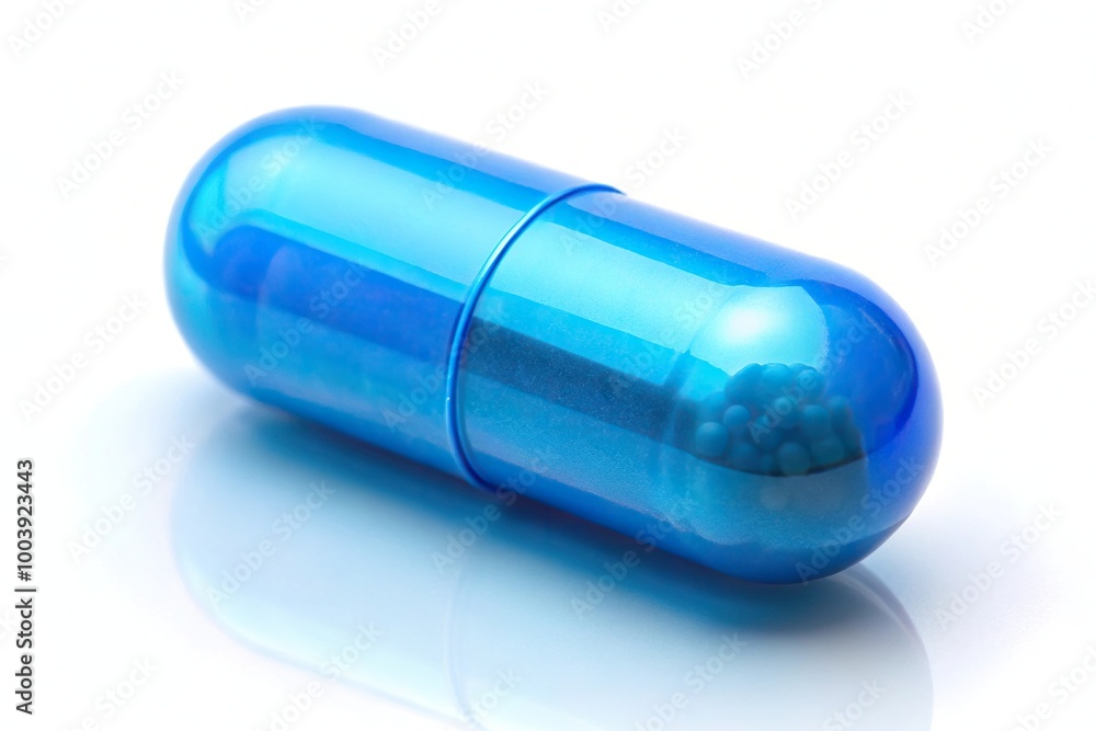 Low angle view of blue pill or capsule filled with vitamin B Low angle view of blue pill or capsule filled with vitamin B