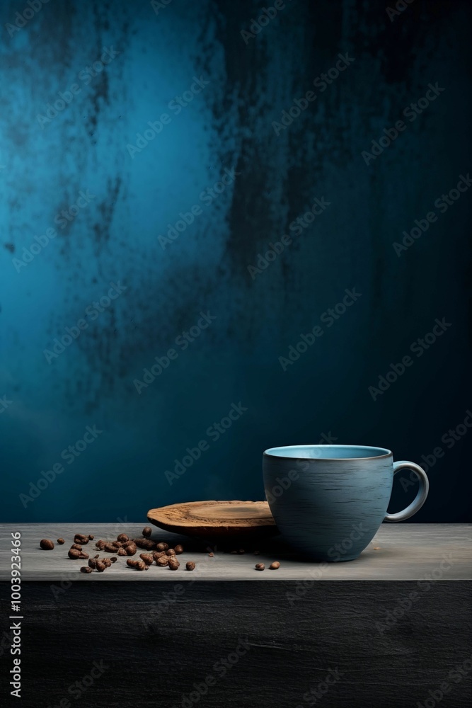 Blue ceramic cup and saucer on wooden table . Blue background. Generative AI Blue ceramic cup and saucer on wooden table . Blue background. Generative AI