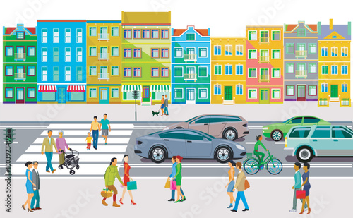 Stadt mit Autoverkehr und Fußgänger, Illustration.eps