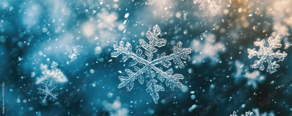 A close-up view of delicate snowflakes gently falling against a dreamy blue backdrop, capturing the essence of winter beauty. A close-up view of delicate snowflakes gently falling against a dreamy blue backdrop, capturing the essence of winter beauty.