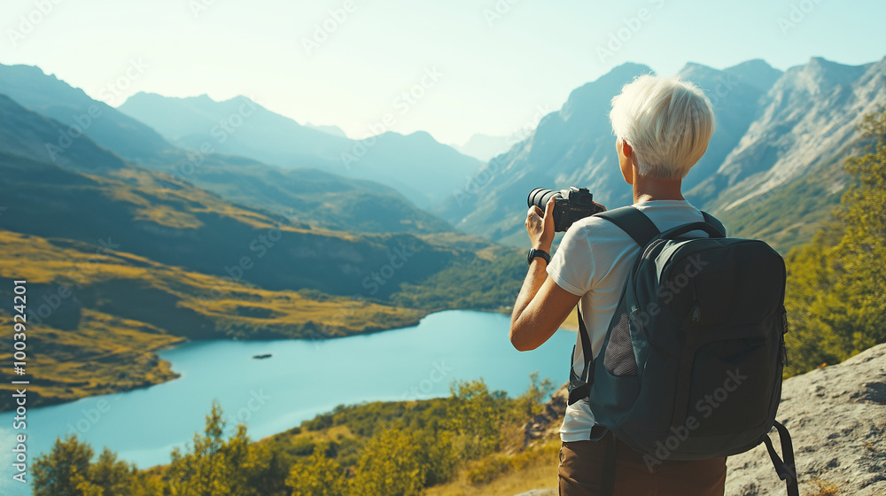 A mature woman with white short hair and a backpack on her back stands on a rock and takes a picture of the landscape. Bright sunny day, mountains around and a mountain lake below. A mature woman with white short hair and a backpack on her back stands on a rock and takes a picture of the landscape. Bright sunny day, mountains around and a mountain lake below.