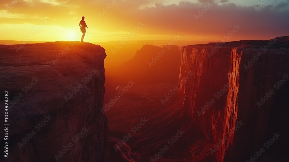 Fototapeta premium Lone Hiker Standing on Cliff Edge Overlooking Canyon at Sunset