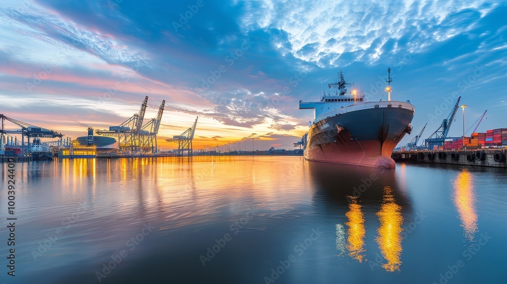Obraz premium Large cargo ship docked at a port with cranes and containers, symbolizing a port strike, highlighting the scale of the port and the absence of activity.