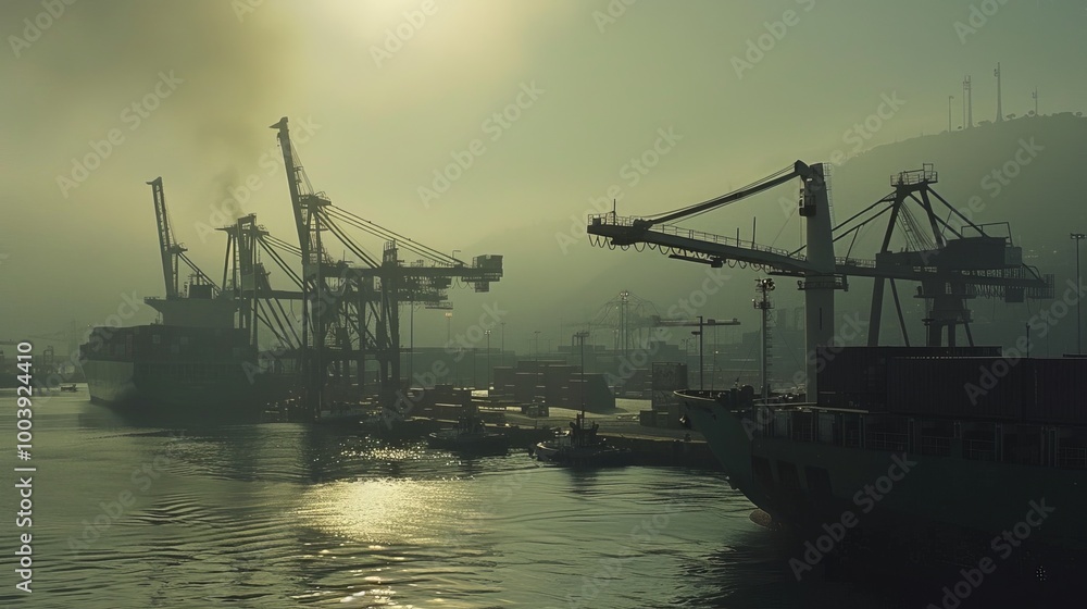 Large cargo ship docked at a port with cranes and containers, symbolizing a port strike, highlighting the scale of the port and the absence of activity. Large cargo ship docked at a port with cranes and containers, symbolizing a port strike, highlighting the scale of the port and the absence of activity.