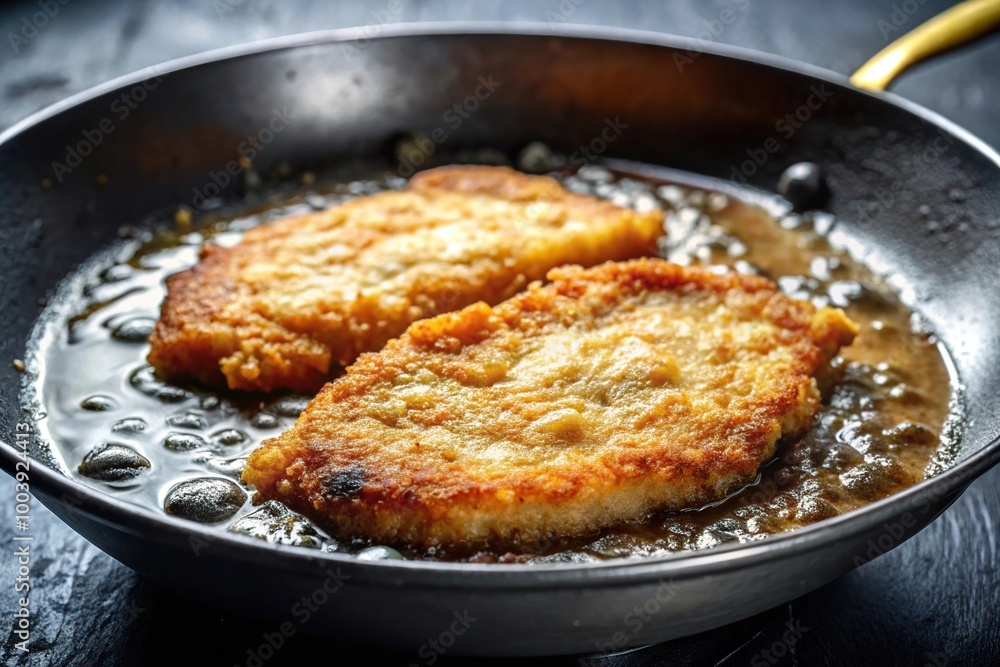 Low angle view of frying Wiener schnitzel in butter