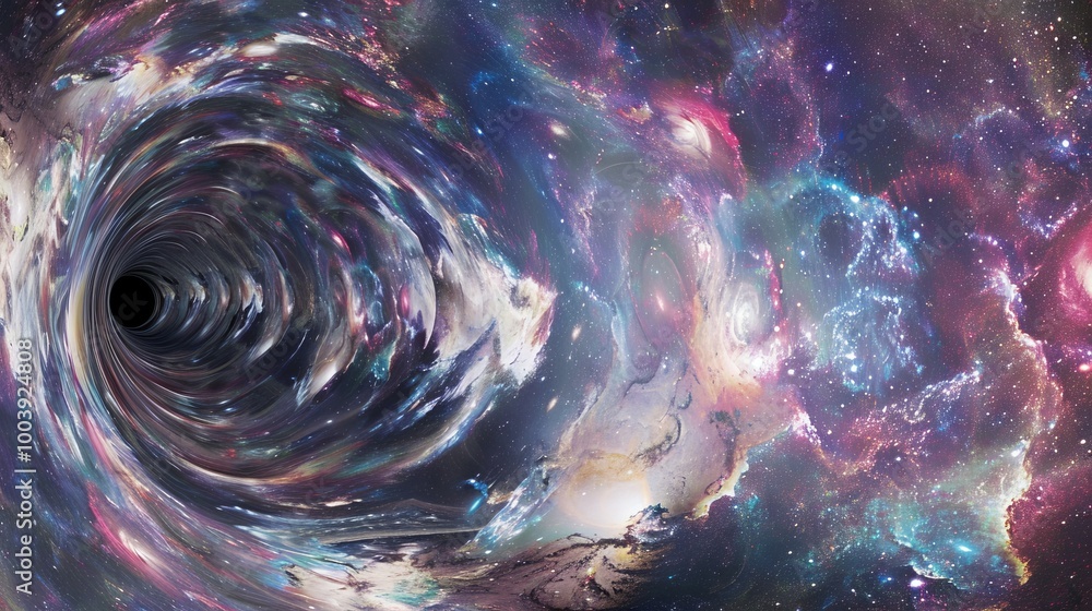 Cosmic scene with massive black hole at center, surrounded by swirling galaxies and distant stars, symbolizing the mysterious and powerful nature of black hole theory. Cosmic scene with massive black hole at center, surrounded by swirling galaxies and distant stars, symbolizing the mysterious and powerful nature of black hole theory.