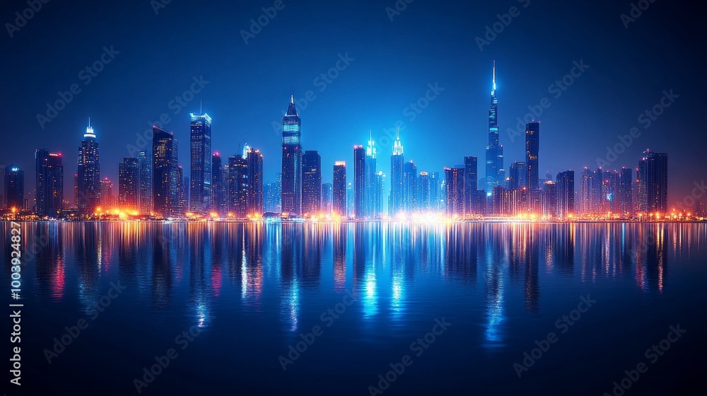 A city skyline is reflected in the water A city skyline is reflected in the water