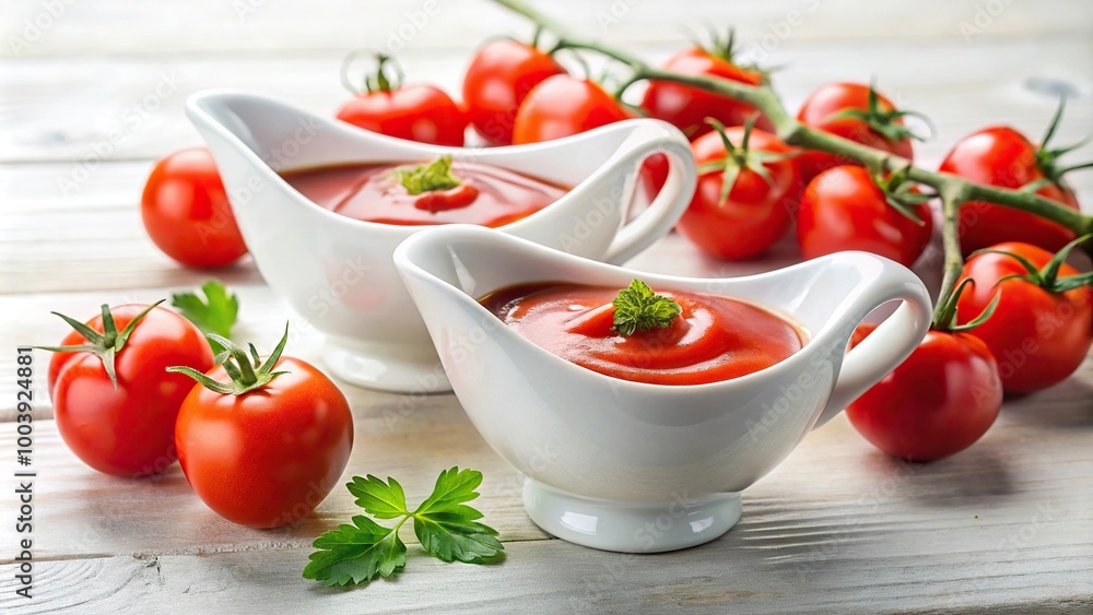 Low angle view of homemade ketchup and ripe tomatoes on white background Low angle view of homemade ketchup and ripe tomatoes on white background