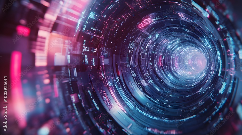 A vibrant, futuristic digital tunnel composed of glowing blue and red lights, representing the flow of data and technology. Abstract, high-tech visualization A vibrant, futuristic digital tunnel composed of glowing blue and red lights, representing the flow of data and technology. Abstract, high-tech visualization