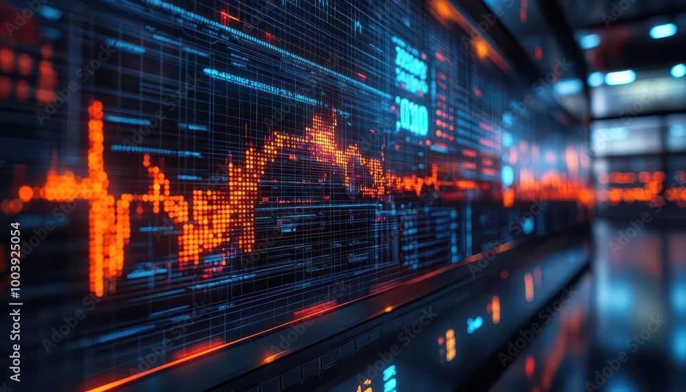 Stock market graphs displayed on glowing holographic screens in a high-tech office Futuristic Hologram High Detail Stock market graphs displayed on glowing holographic screens in a high-tech office Futuristic Hologram High Detail