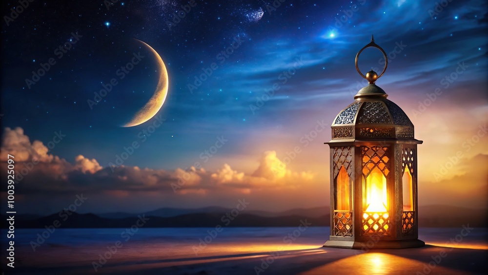 Low angle view of lantern with candle against night sky with waning crescent moon during Ramadan Low angle view of lantern with candle against night sky with waning crescent moon during Ramadan